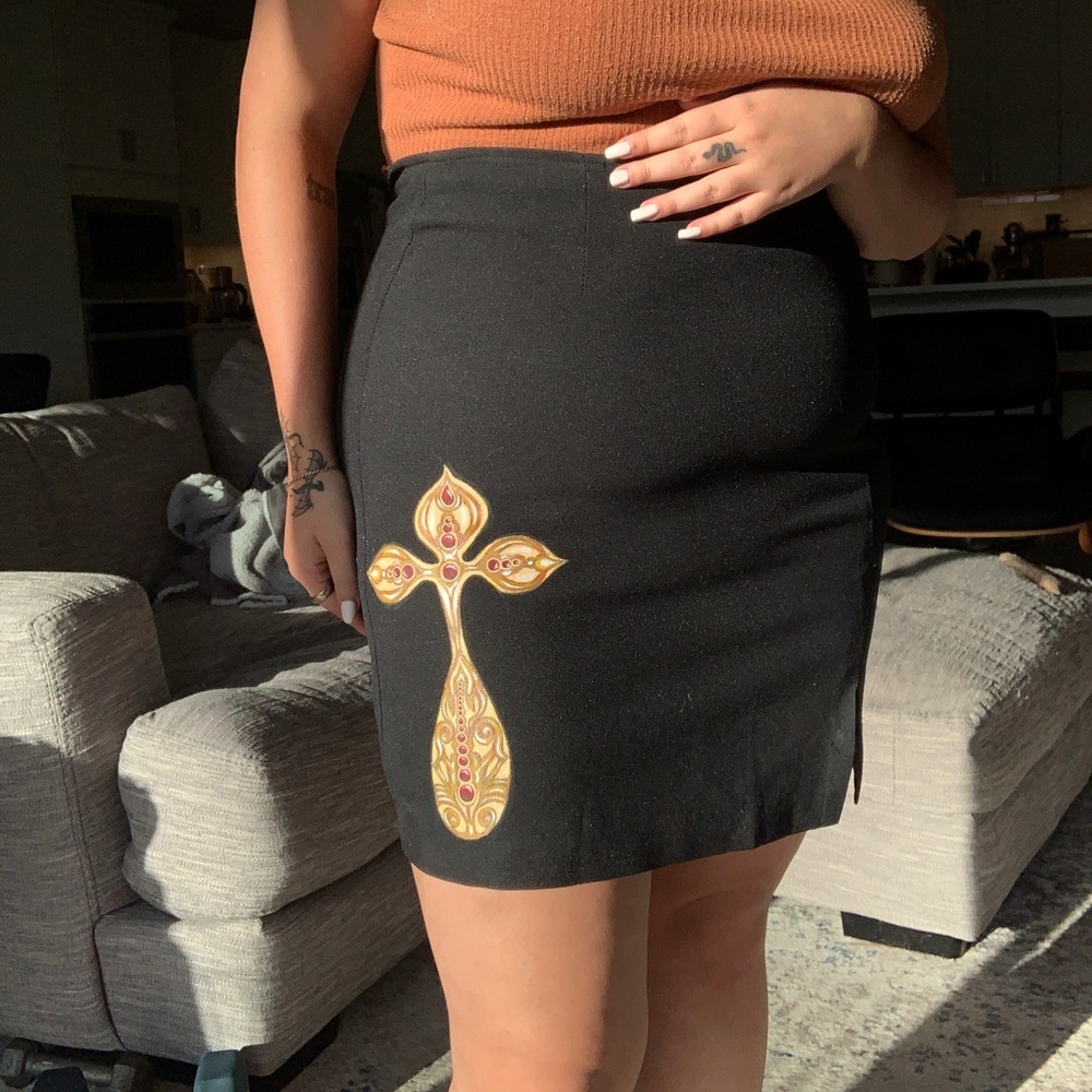 Custom hand painted graphic cross on black dress skirt